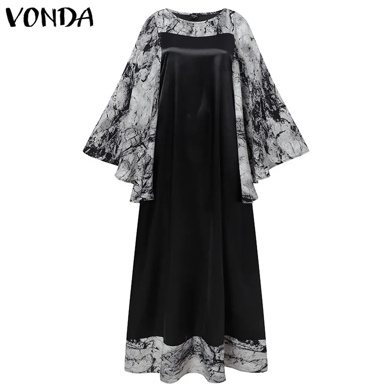 VONDA Summer Long Maxi Dress Donna Baggy O Neck Flare Sleeve Stampato Pieghettato Vestido Vintage Robe Oversize Beach Sundress 220527