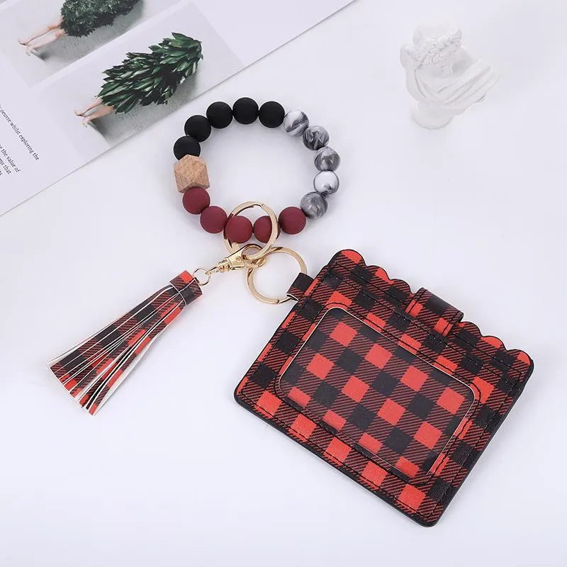 Bead bracelet Leopard Print PU Leather bracelet Tassel Party Favor Keychain Card Case ID Bag Coin Purse Wristlet Keychains Handbag