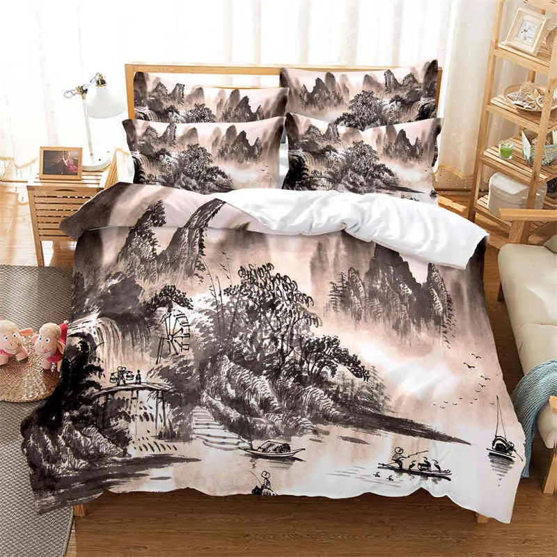 森林羽毛布団カバーセット夢のような森のシーンの寝具泥棒の秋の風光明媚な枕カバー付きキングルームの装飾