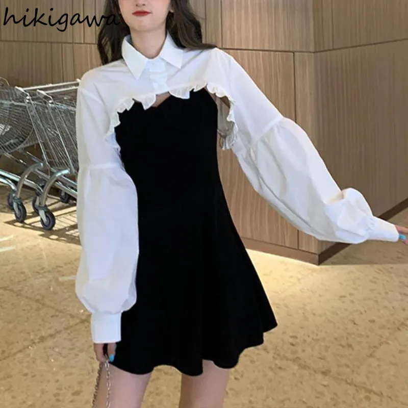 Hikigawa Women Clothing Sets Фонарная рукава короткие рычаги с черным твердым корейским модным женским платьем с двумя частями 220719