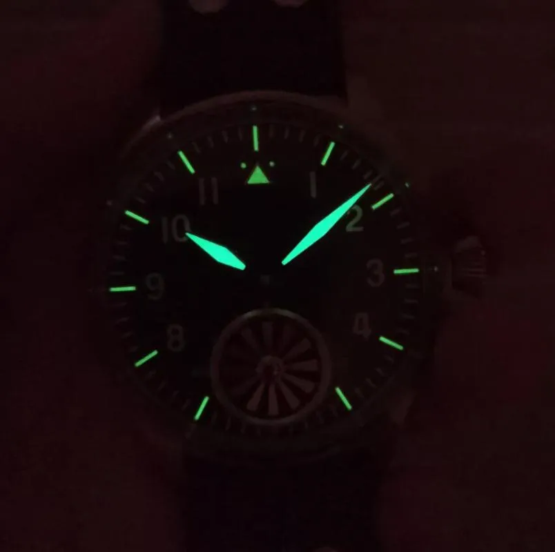 Horloges 44 mm zonder logo Mechanisch handopwindbaar herenhorloge Zwarte wijzerplaat Blauw glas Ardennen Bubble Spiegel Roterende turbine Seagull 212Z