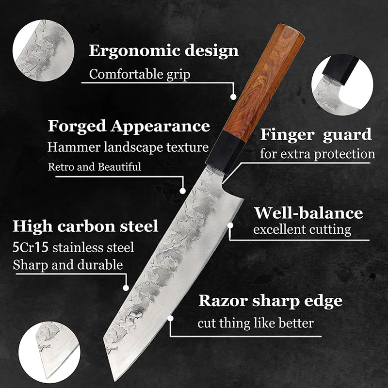 YUZI couteaux de cuisine 6 pièces ensemble forgé Chef japonais Kiritsuke LNIFE couperet à viande tranchage utilitaire outil de cuisson 207g