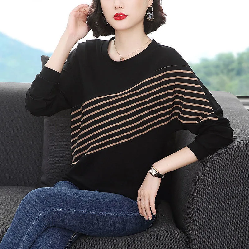 O Neck T-shirt Kvinna Höst Långärmad Plus Storlek T-shirt Loose Korean Style Oversized Striped Women s 220402