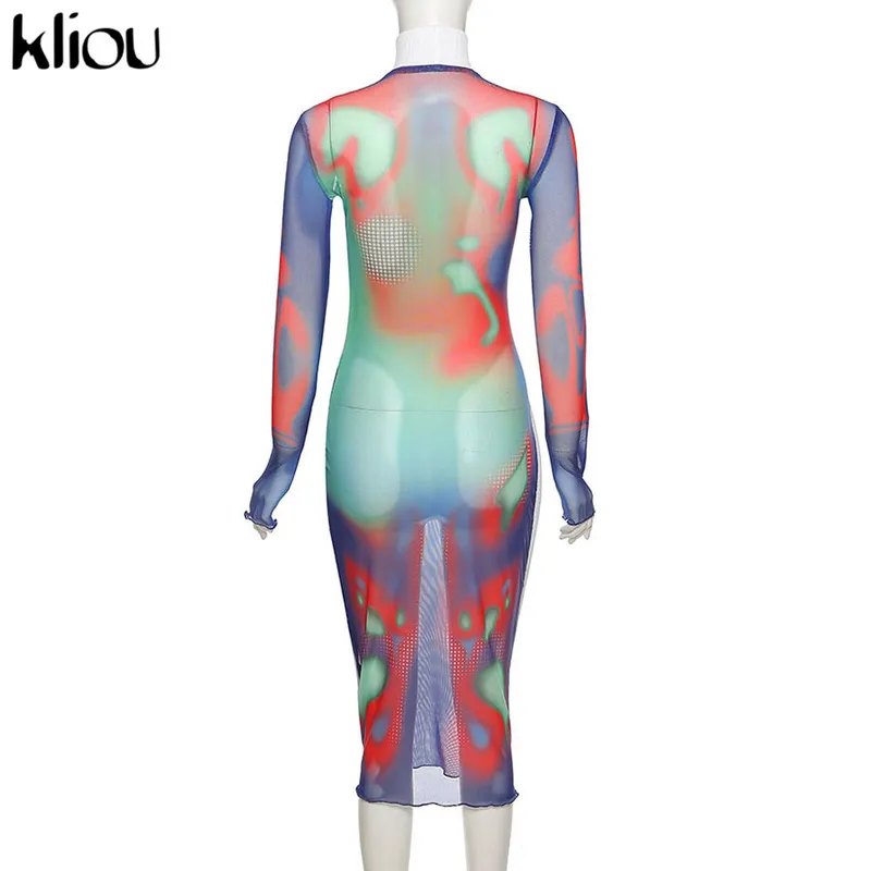 Kliou Y2K Mesh Maxi Dress Women Undefined Hipster Foam Vine Robe Long Sleeve Turtleneck Female Party Club Attirewear Multi-color 220317