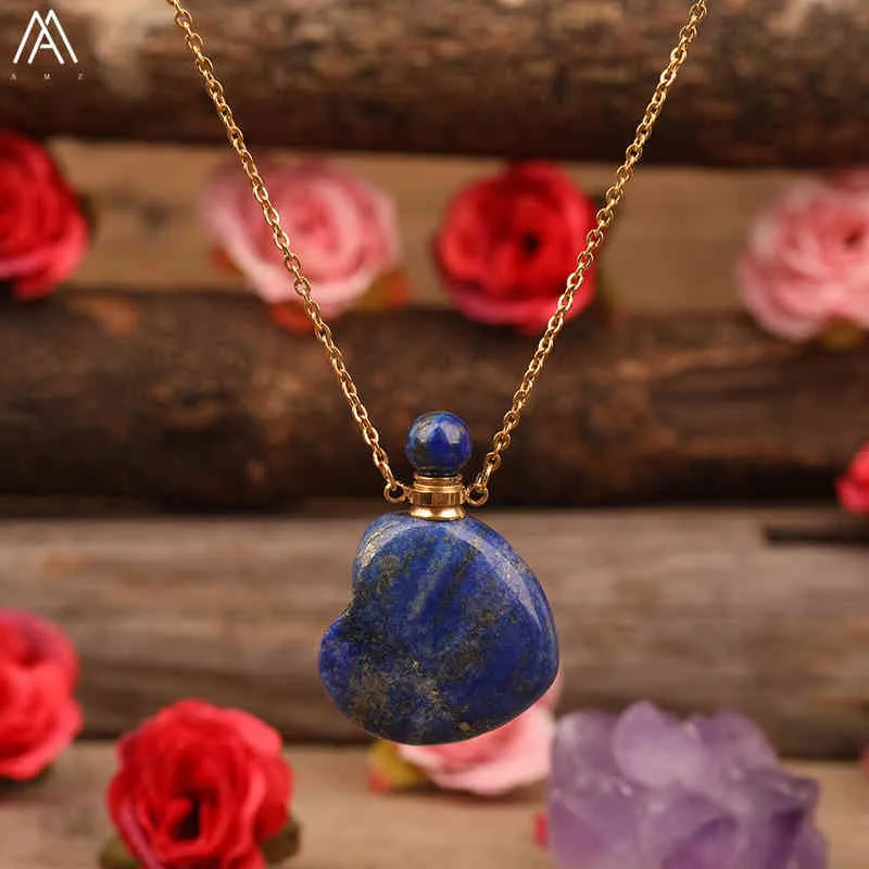 Forma de coração perfume garrafa pingente natural amethysts rosa quartzo labradorite ouro cadeias colar para mulheres boho jóias