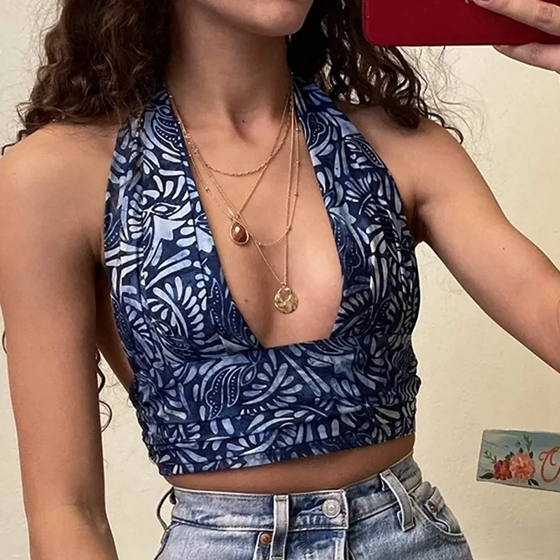 Vintage Print Printe Colopset Summer Summer Beach Rous Women Cross Sling Crop Top Top Sexy Sem mangas Y2K Camisole Backless Halter Top 90s 220607