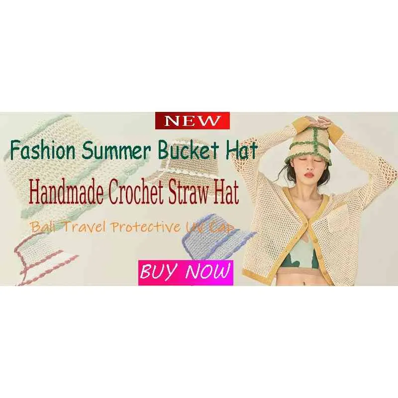 2022 Summer Straw Crochet Bucket Women's Foldable Panama UV Sun Cap Boho Colorful Stripes Fishing Vacation Beach Hat