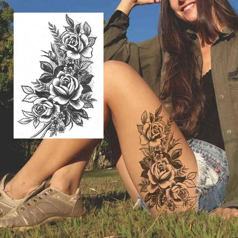 NXY Temporary Tattoo Sexy Flower Tattoos for Women Body Art Painting Arm Legs Sticker Realistic Fake Black Rose Waterproof 0330