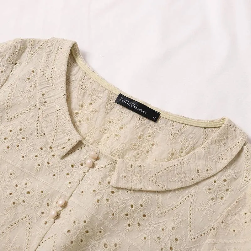 Mode vrouwen borduurwerk blouses zanzea kanten tops korte mouw blusa's vrouwelijke casual knop o nek tuniek chemise oversized 220618