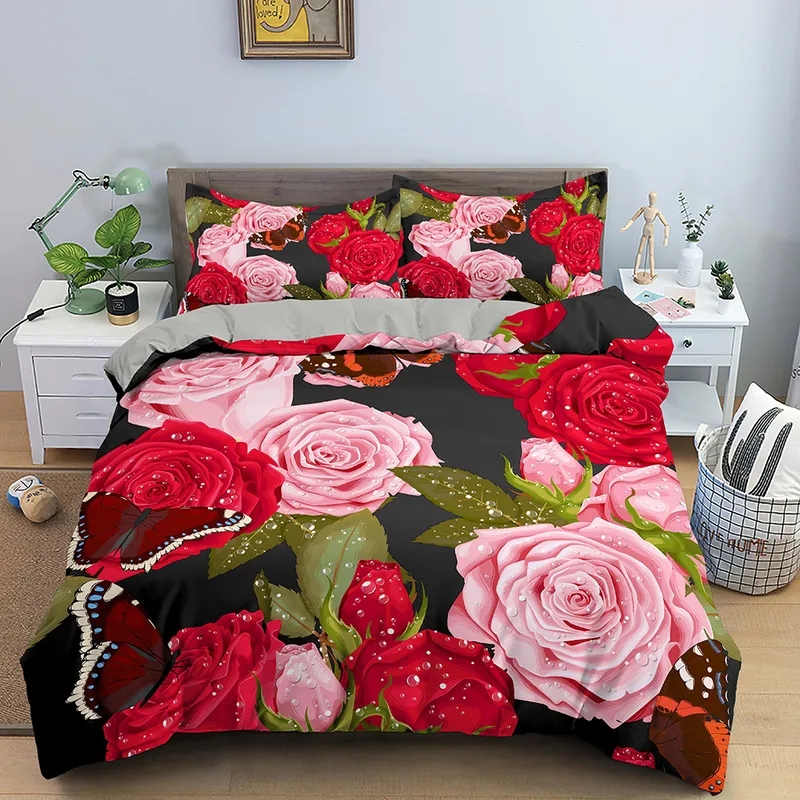 3Dバラの花布団ダブル210x210寝具セットzipper closure king king size cover cover valentine duvet cover 220616