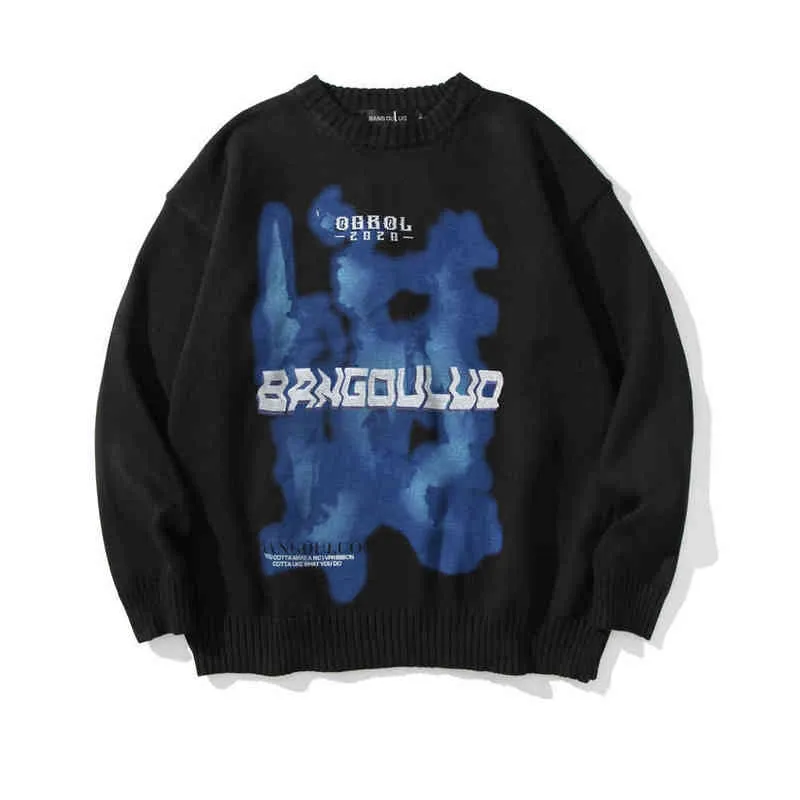 Dark Streetwear Abstract Graphic Jacquard Hip Hop Men Jumper Sweater Round Neck Vintage Harajuku Pullover Sueteres Para Hombre T220730