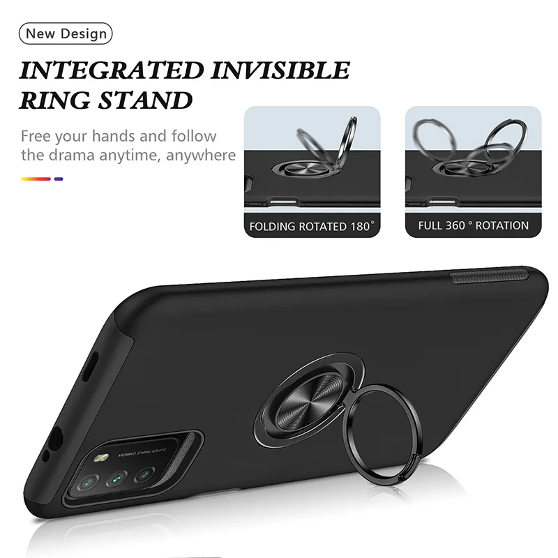 Shockproof Armor Cases for Xiaomi Poco m3 Metal Ring Support Back Protective Cover For Redmi 9 Power Note 9 4g Deep Coke