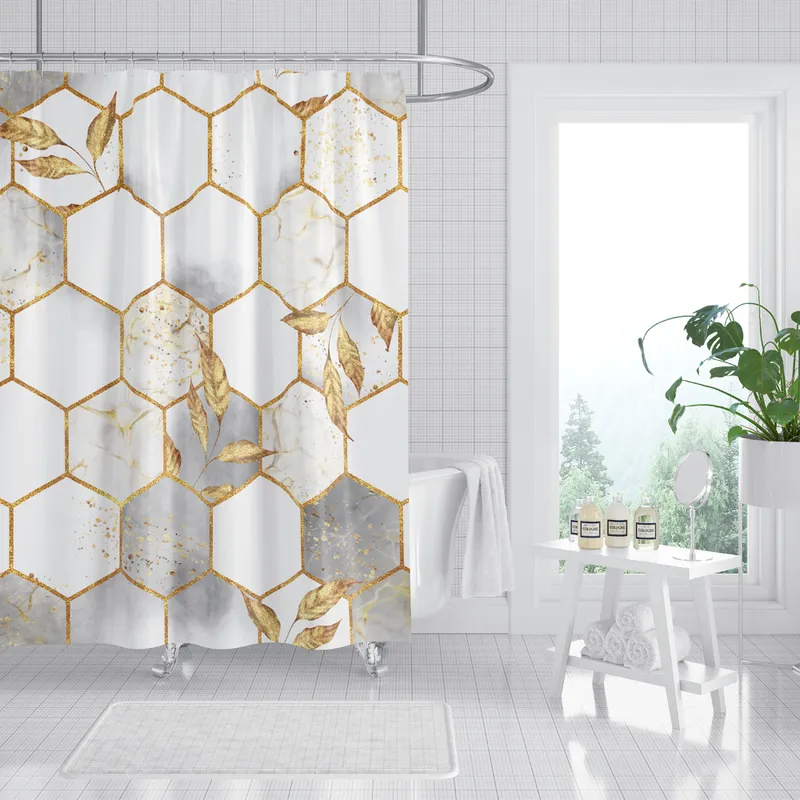 Cortina de chuveiro de mármore Polyester impermeável cortinas de chuveiro de folhas douradas Padrão de banho de banheira Decoração de tela em casa 220517