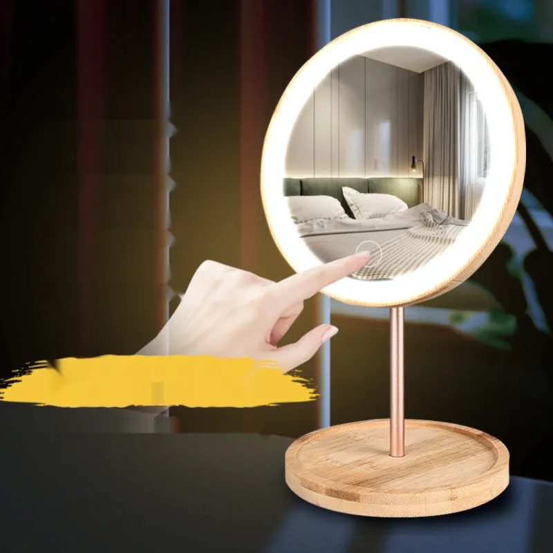 Deatchable Wooden LED Makeup Mirror Touch Screen s Desktop Make Up Cosmetic USB Charging Drop 40#12 220509