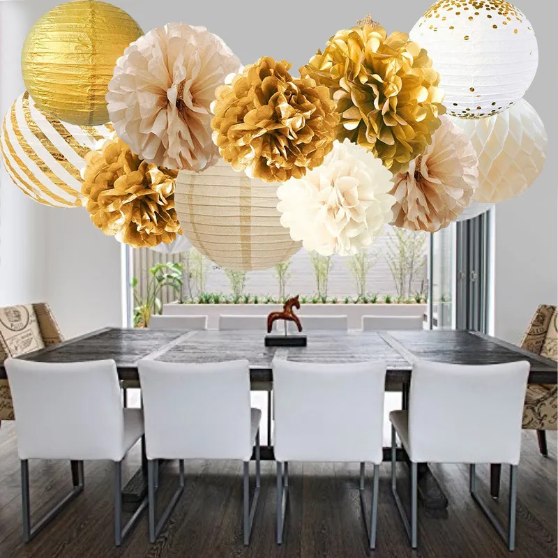 set Mixed Pom Poms Honeycomb Ball Hanging Paper Lantern Christmas Wedding Decor DIY Baby Shows Party Supplies 220611