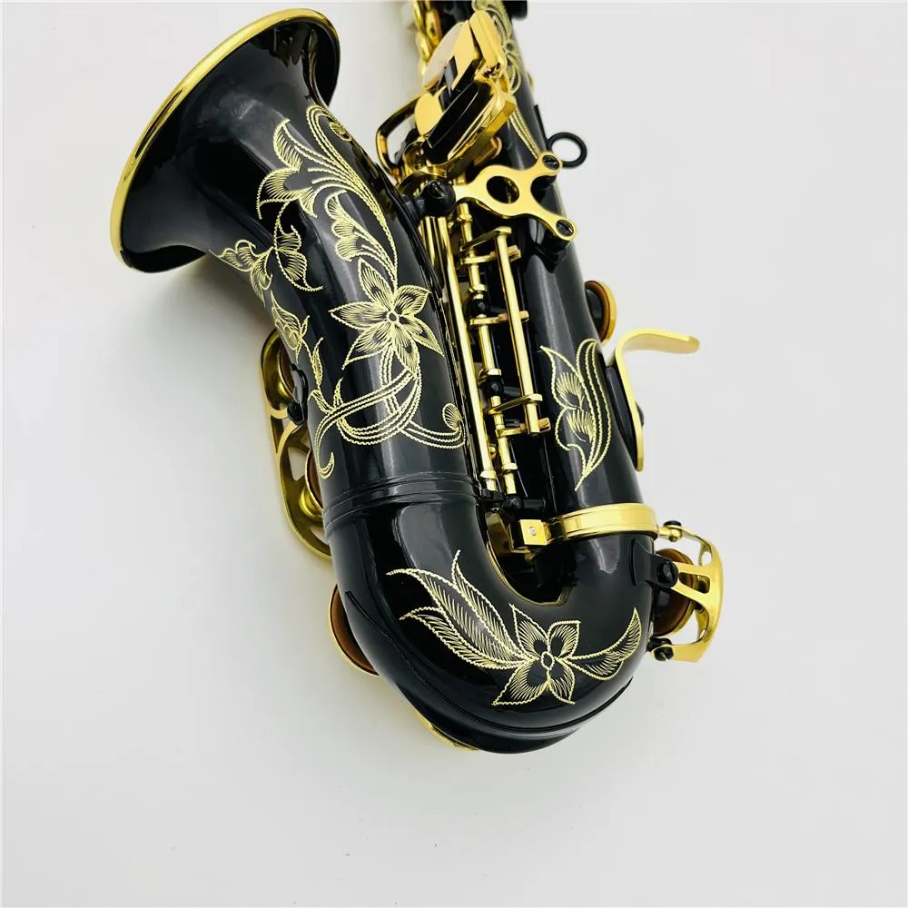 Helt nytt svart guld B-platt professionell böjd sopran saxofon svart nickel guld graverad utsökt mönster saxosoprano