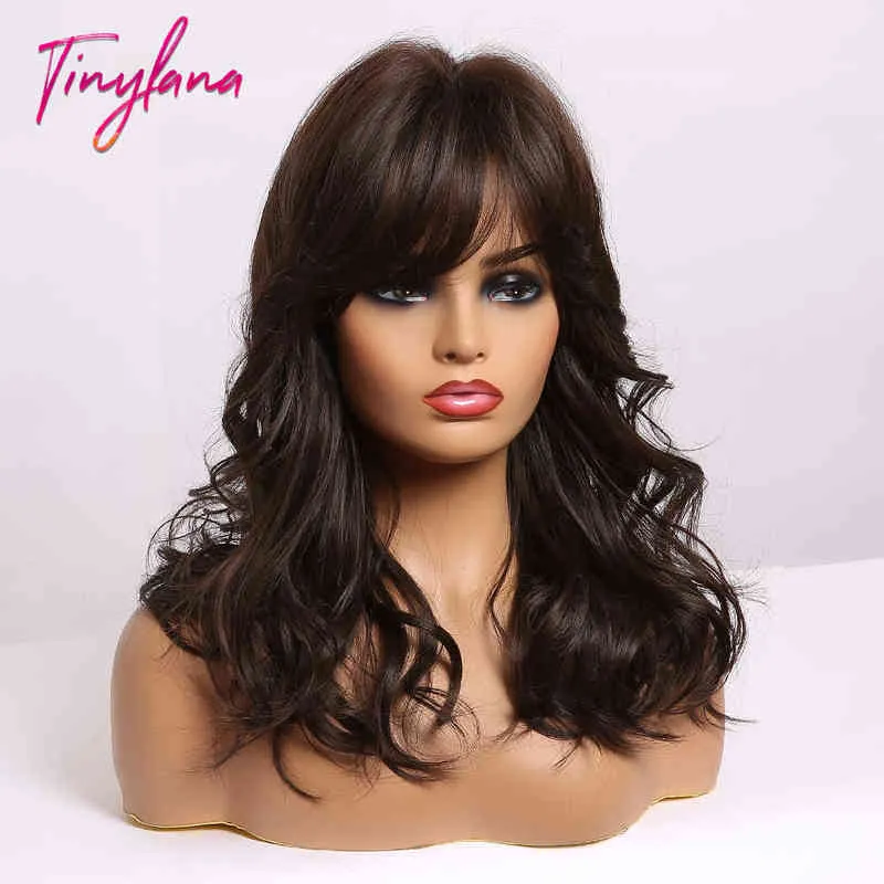 TINY LANA Natural Wavy Medium Synthetic Hair Wigs with Bangs Ombre Brown Wavy Wigs for Black Women Cosplay Heat Resistant Fiber