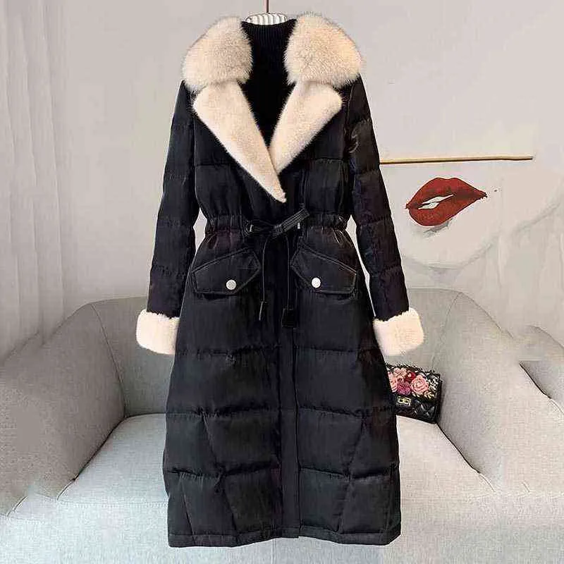光沢のあるPUロングコート女性冬の毛皮の襟ベルト長袖緩い暖かいエレガントレディオーバーコートシックアウトウェアN74 L220730