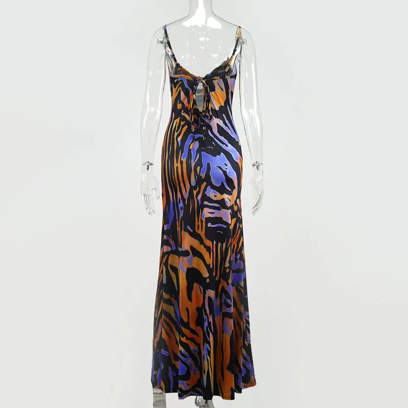 Colysmo print maxi dres sexy low gesneden cown nek rug veter omhoog sexy jurken zeegebied feest club slijtage lange jurk 220509