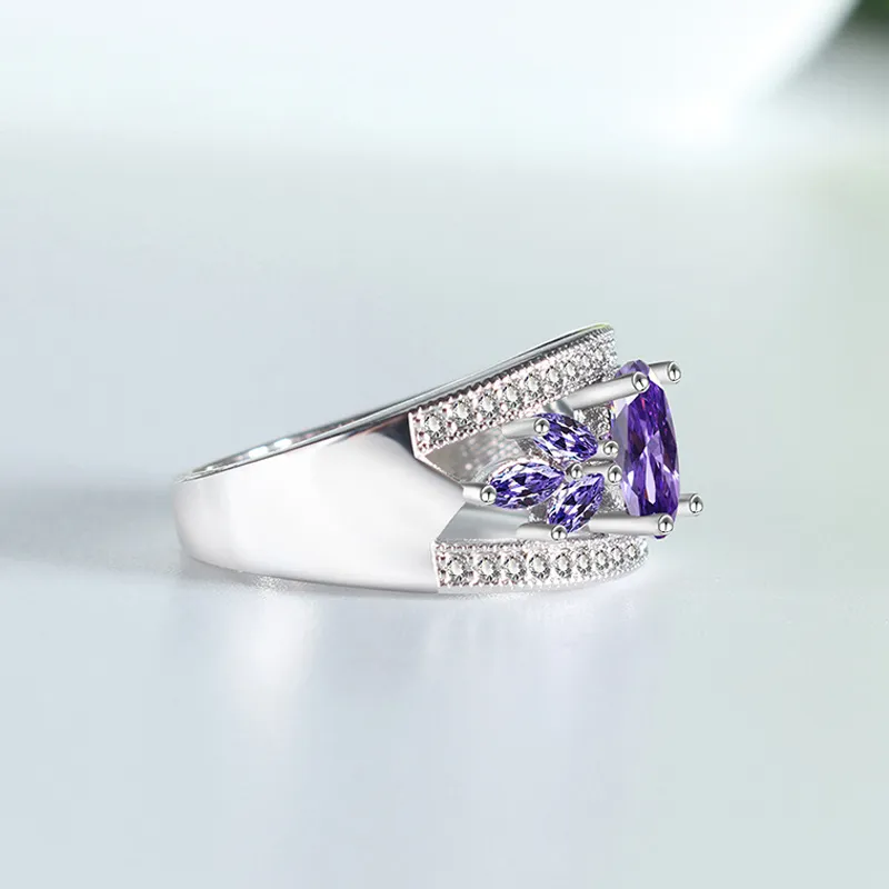 Nya populära kvinnliga ringar Original Sterling Silver Flower Shaped Amethyst Wedding Party Fashion Jewelry for Women Girls Gift R080