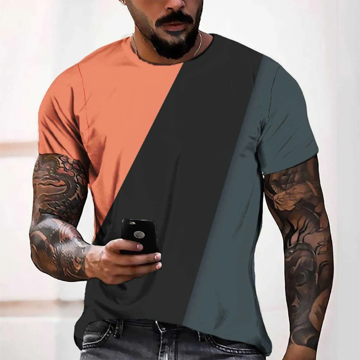 Fashion Mens T-shirts 3D Digital Utskrift Tre färgblock Enkel stil Casual Short Sleeve Men Tees Olika Färgstilar