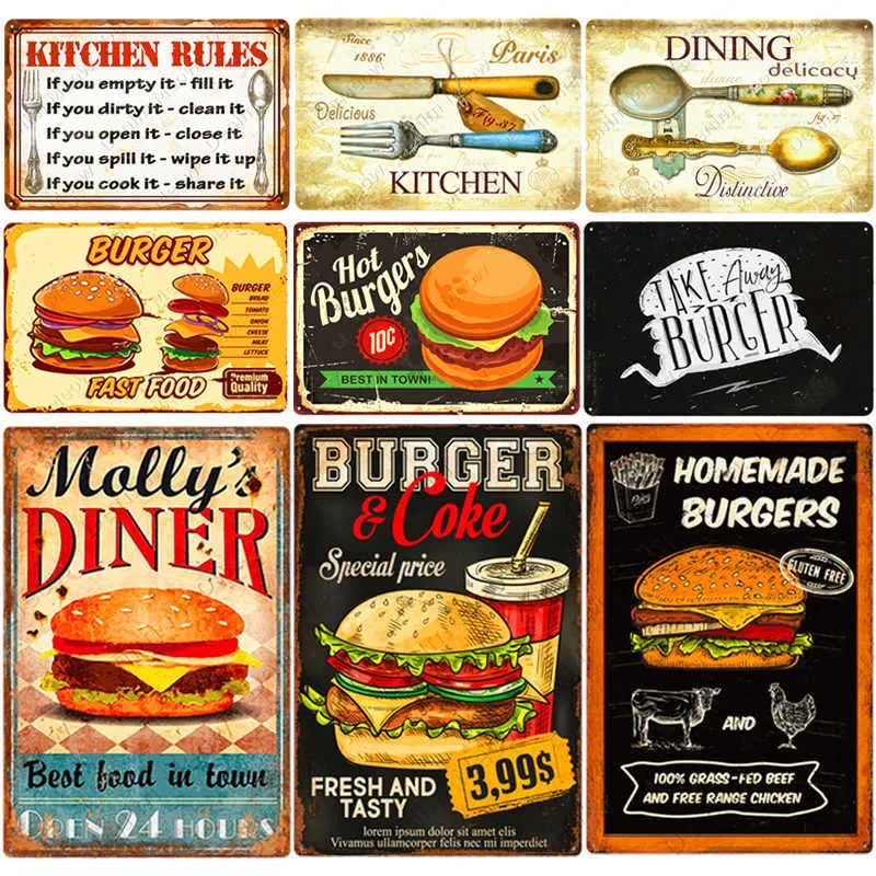 Vintage kök regler plack hamburgare pommes frites metall tennskylt café hem rumsdekor snabbmat metall tallrik mattvägg affisch n3766315422