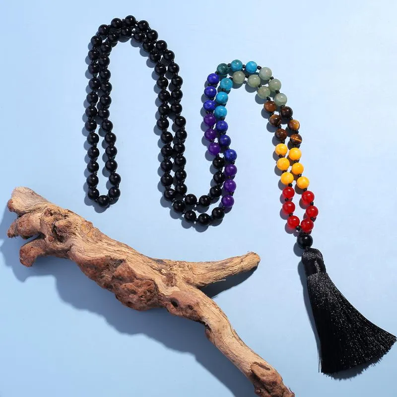 Kolye Kolyeleri Showboho 108 Mala Boncuklar 7 Çakra Kolye 8mm Siyah Onyx Düğümlü Meditasyon Yoga Dua Erkekler ve Kadınlar için 303L