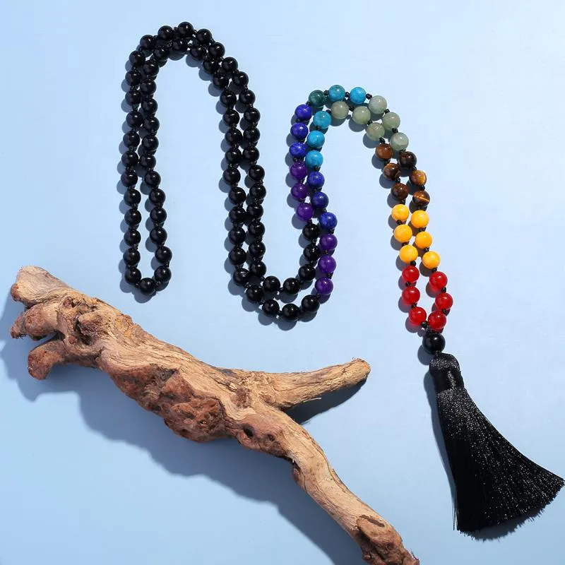 Ожерелья с подвесками Showboho 108 бусины мала 7 чакр ожерелье 8 мм черный оникс с узлом медитация йога молитва четки для мужчин и женщин241S