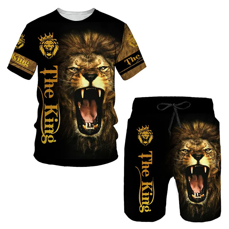 Zomer 3D -geprinte heren S T -shirt Shorts Set Ferocious Lion Sportswear Tracksuit O Hek Korte mouw Coole Kleding 220708