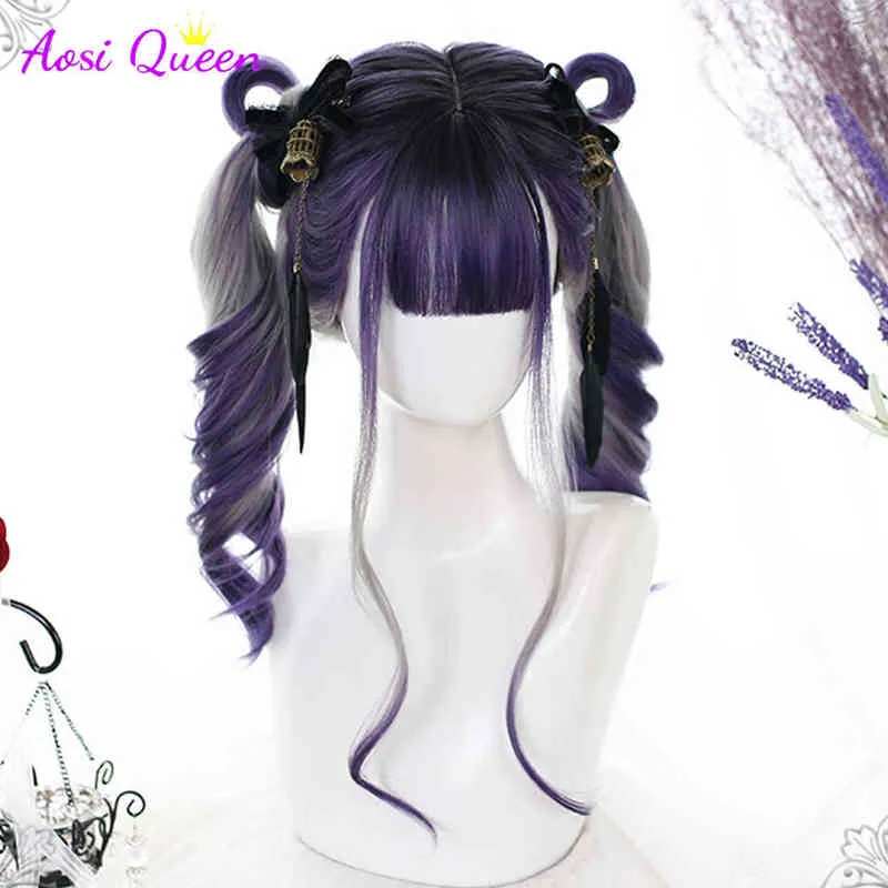 Wig Feminino Gradiente Purple Cinza Longo Curly com Air Bangs Girl Diário Partido Cosplay Fibra Resistente ao Calor Synthetic 220622