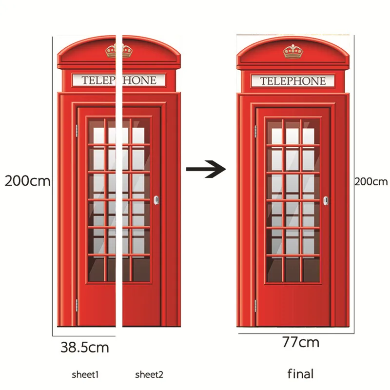 Style britannique Londres rouge cabine téléphonique porte autocollant auto-adhésif PVC étanche maison mur décor affiche décalcomanies chambre décoration 220716