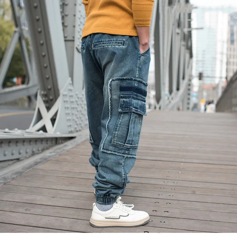 Plus Size 6XL Jeans Men's Casual Cargo Pants Elastic Waist Loose Baggy Joggers Denim Trousers Streetwear Male Clothing New Fashion