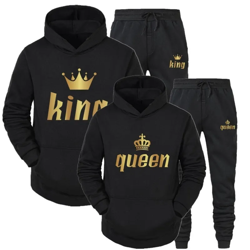 Fashion Couple Sportwear Set KING or QUEEN Printed Hooded Suits Male and Femaie Hoodie Pants 220325