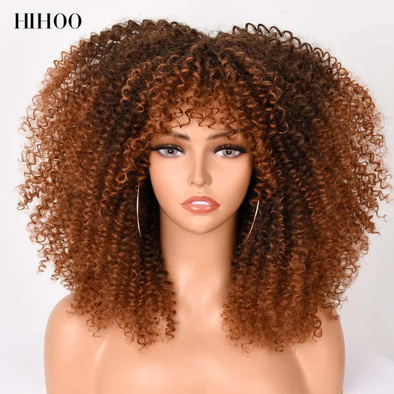 16 Short Hair Afro Kinky Curly Pruik met pony voor zwarte vrouwen Cosplay Lolita Synthetisch Natural Glueless Brown Mixed Blonde Pruiken 220811