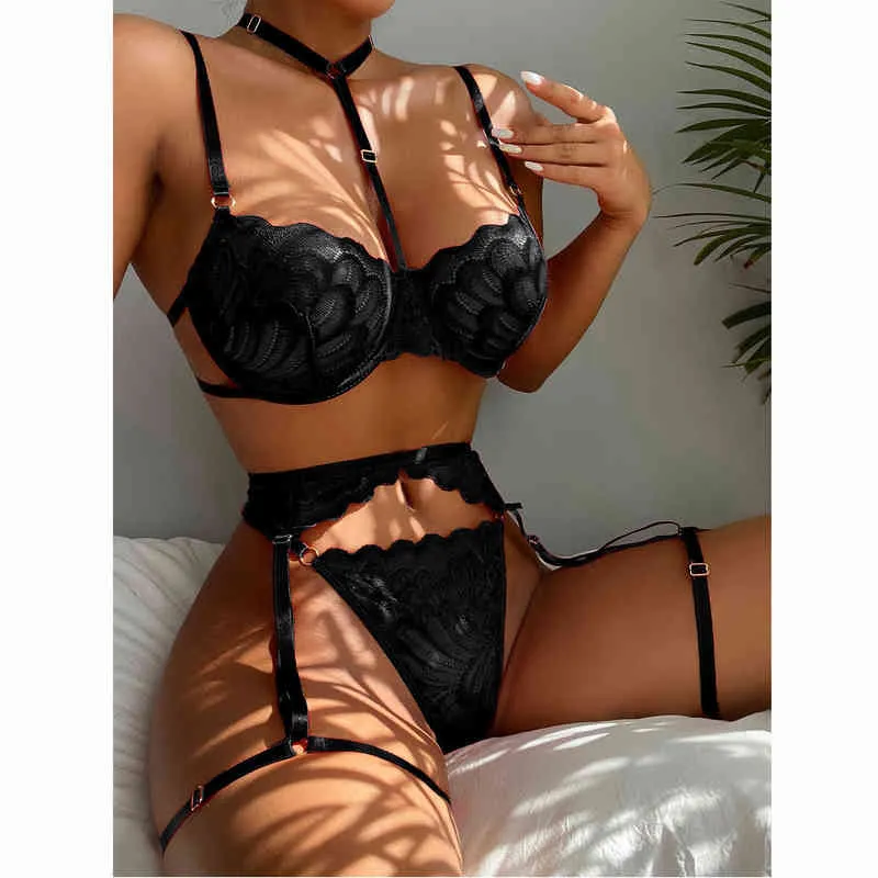 Sexy Body Harness Sex Unterwäsche Set Heiße Erotische Dessous Mit Strumpfgürtel Spitzen-BH Panty Nachtwäsche Porno Babydolls Exotisch Kommt L220727