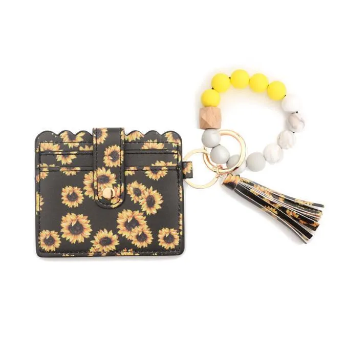 Leopard Sunflower Bracelet Keychain Card Bag Tassel Leather Silicone Bead Card Wallet Crocodile Pattern Bracelets Pendant