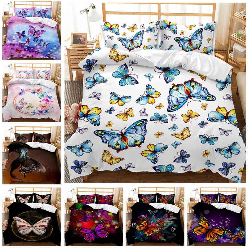 Blue Butterfly Duvet Cover Set Bedding Red Butterflies and Dragonfly Printed Design Boys Girls Queen