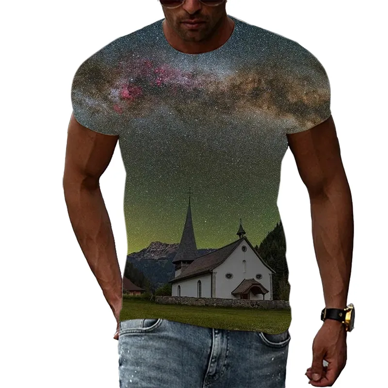 Trend Summer Men Print Aurora Graphic T Shirts 3D Fashion Personalse Party Natural Landscape نمط قصير الأكمام القصير 220607