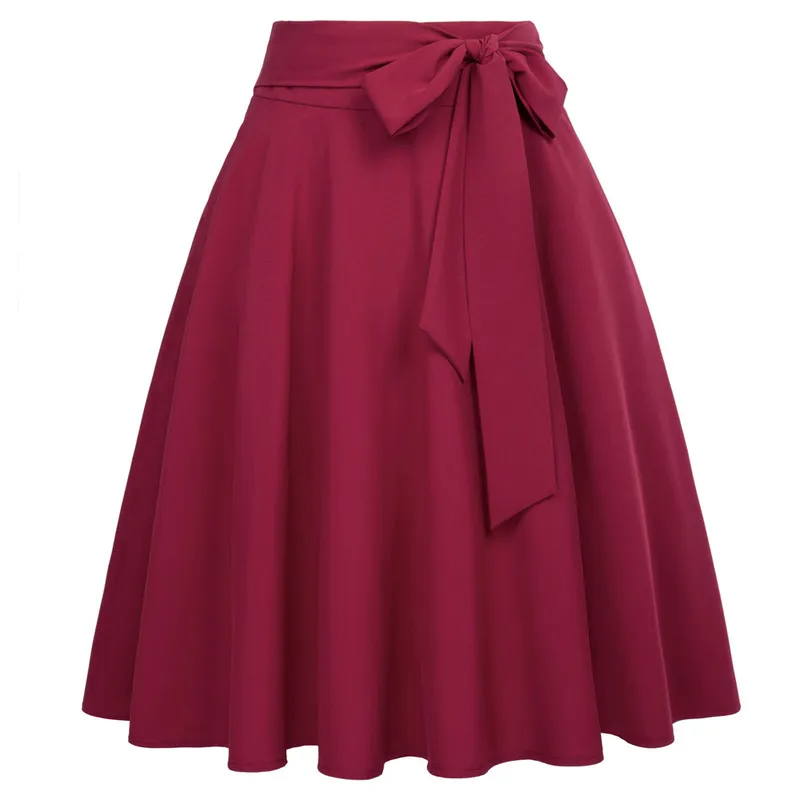 Belle Poque Damen-Röcke, Sommer, einfarbig, hohe Taille, selbstbindende Schleife, verziert, A-Linie, Retro, lässig, knielang, 220401