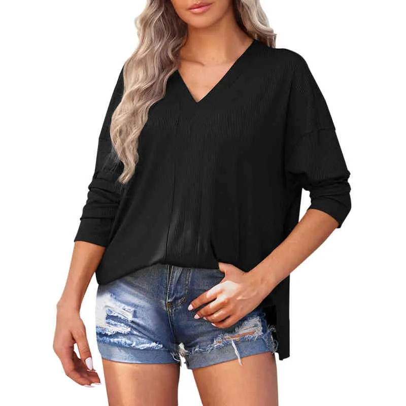 Womens Long Sleeve Thin V Neck Blouse Dropped Shoulder Sleeves Loose Tops Casual Solid Blouses Loose Shirts Ladies All-match Top L220705