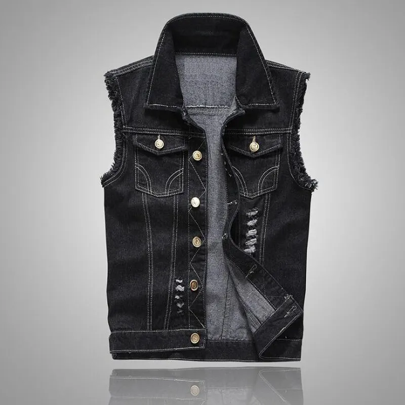 Denim Kurtka Bez Rękawów Męska Moda Ripped Bawełna Jeans Kamizelki Gilet Casual Cajts Waistcoat Cowboy Hip Hop Streetwear Odzież 220406