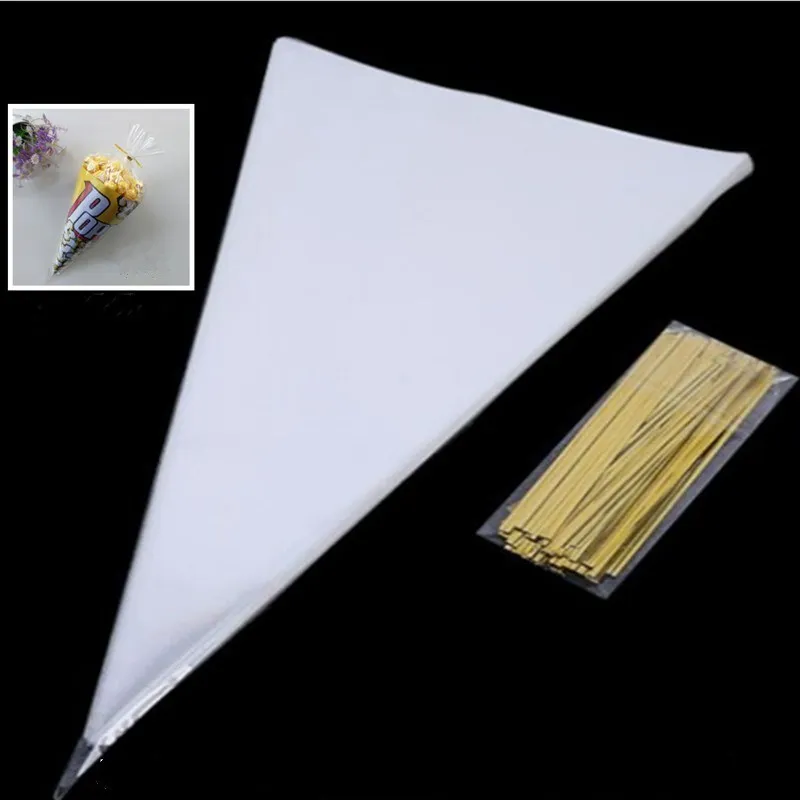 50 pz / lotto fai da te sacchetto di caramelle bomboniere decorazione festa di compleanno dolce cellophane trasparente cono di stoccaggio con sacchetti di organza 220815