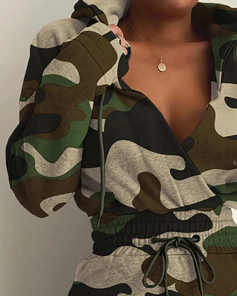 Femme Pocket Design Camouflage Stampa Coulisse in vita Felpa con cappuccio Abito casual Abito da donna 220812