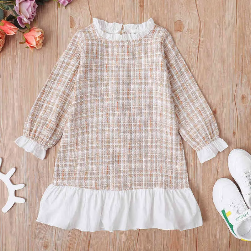 Girls INS Plaid Fashion Dress Kids Autumn Long Sleeve Houndstooth Princess Patchwork Dresses Children's 1-7 Y Ruffled Clothes G220518