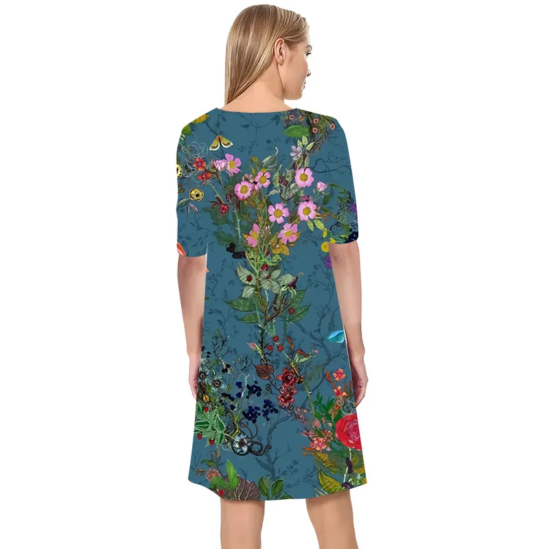 Женское платье с красивыми цветами и 3D-принтом с v-образным вырезом, свободное повседневное платье с короткими рукавами для женских платьев, винтажное платье 220616
