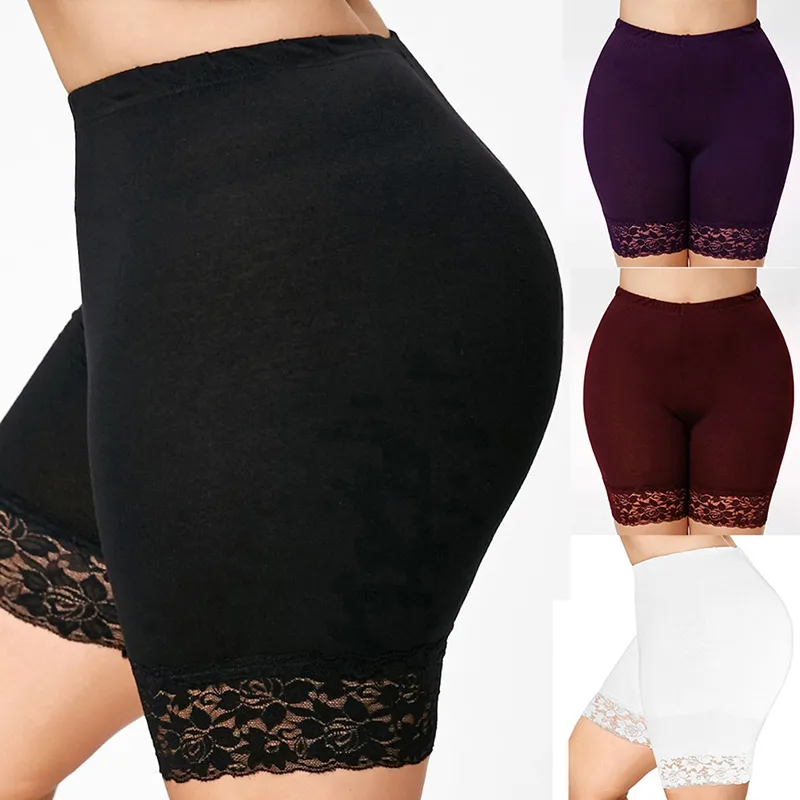 5xl kvinnor korta leggings med spets trim under kjolbyxor hög midja solida mjuka stretch kvinnliga trosor kort botten