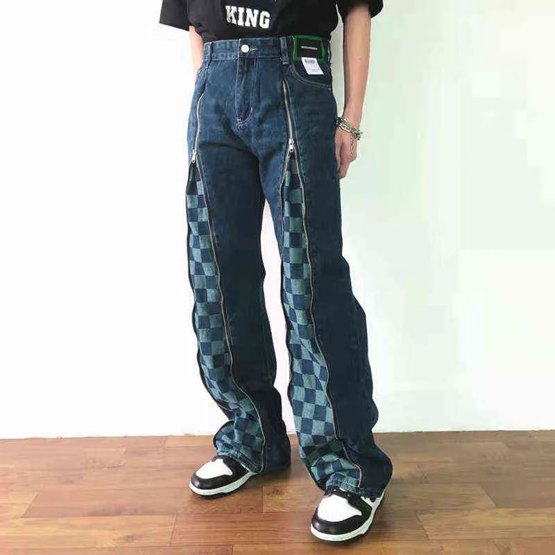Длинная молния спереди, клетчатая лоскутная уличная одежда, мужские джинсы в стиле ретро, потертые прямые рваные повседневные джинсовые брюки большого размера T220803