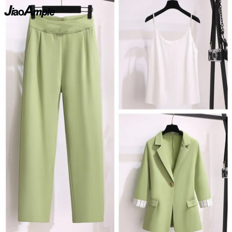Kvinnors byxor Set Spring Aute Sough Jacket Suspenders Trousers Tre-Piece Koreanska Eleganta Top Blazers Coat Pantsuit 220315