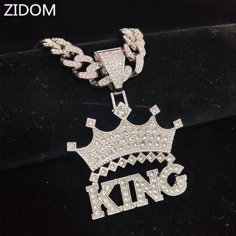 Men Hip Hop Crown King Pendant Necklace with 1m Cuban Chain HipHop Iced Out Bling Necklac Fashion Charm Jewelry221k