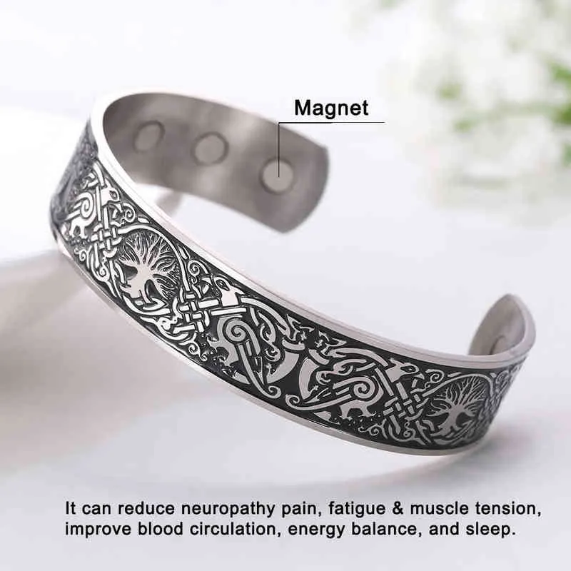 Skyrim Viking armring Ändlösa kärleksknappar Livets träd Fåglar Manschett i rostfritt stål Magnetisk terapi Armband Män Kvinnor Smycken Present L220812